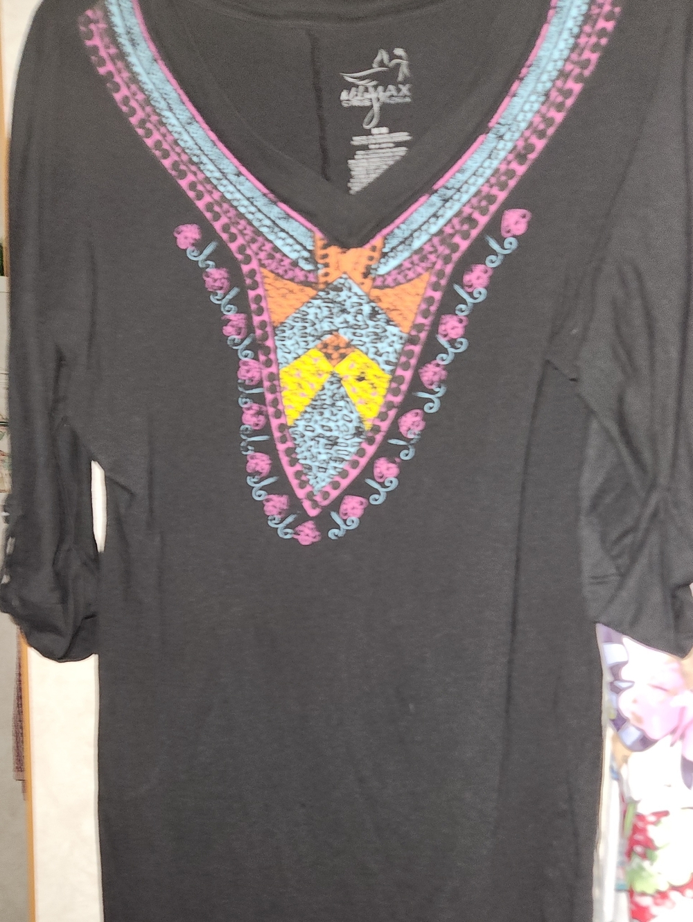 Cyrus Black V-Neck Half Sleeve Top with Multicolor Embroidered Chevron